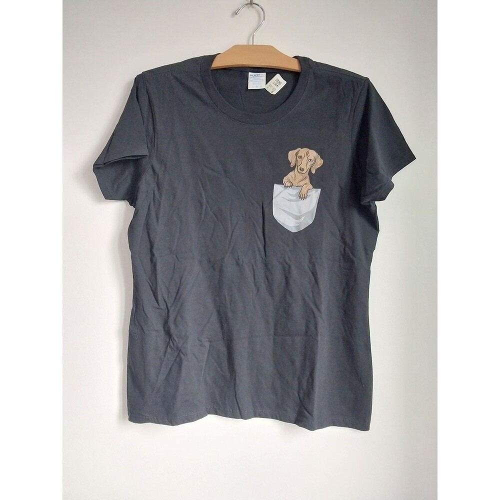 Port & Company Black Dog Dachsund Pocket Graphic T-Shirt Size L